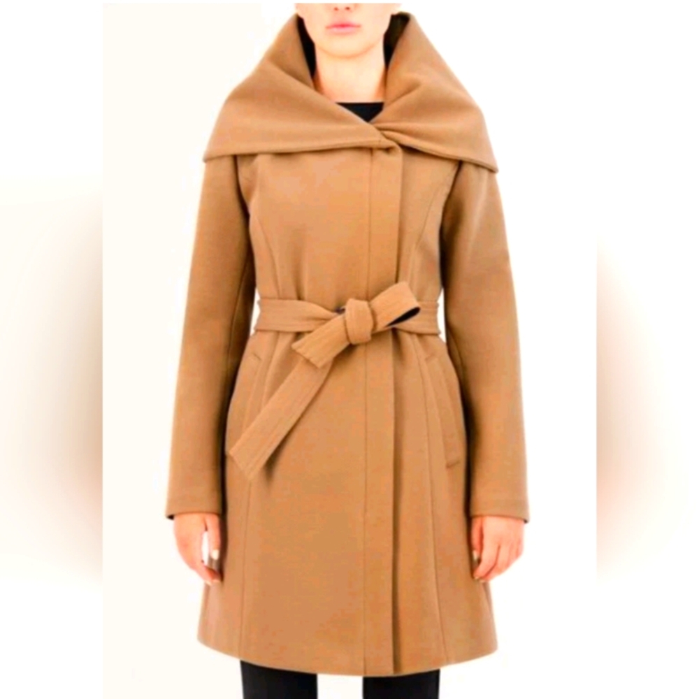 Cole Haan Womans Belted Asymmetrical Zip Front Twill Coat Sz14